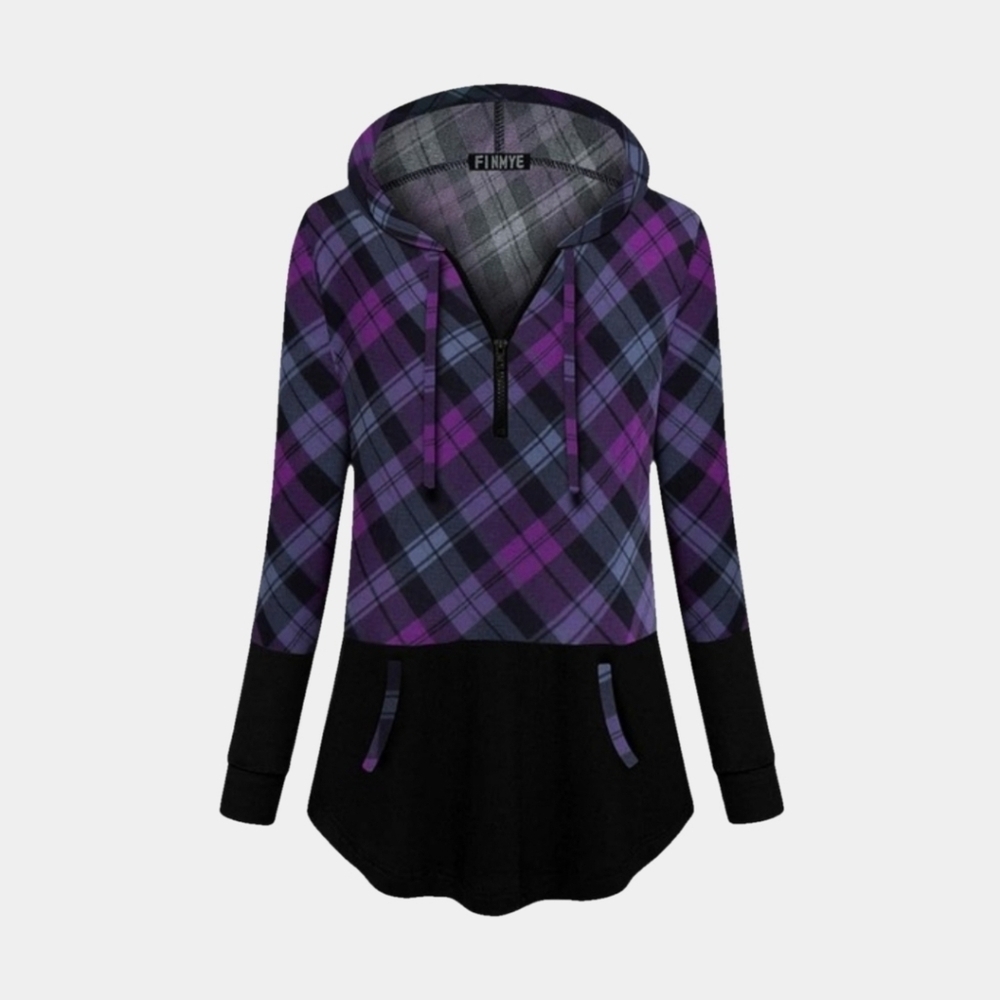 FINMYE Long Sleeve Hooded Purple Plaid Pullover Tunic Size XXL